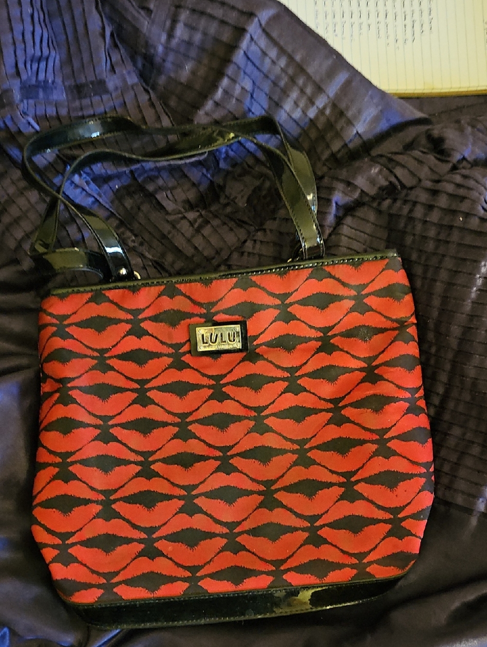 Lulu Guiness Red and Black Lip-Print Tote with Patent Trim